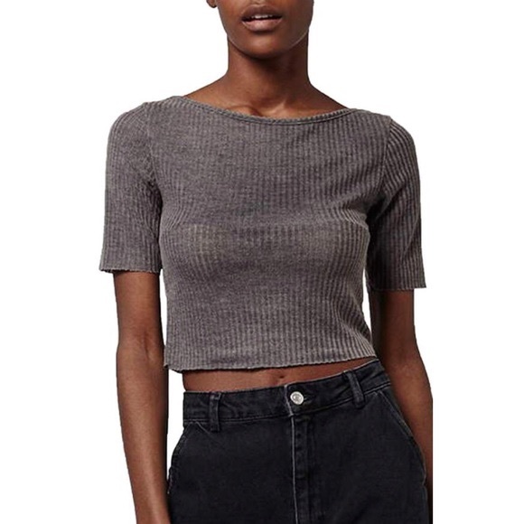 TOPSHOP Ribbed Slashed Gray Crop Top Sz 2 - Picture 1 of 7